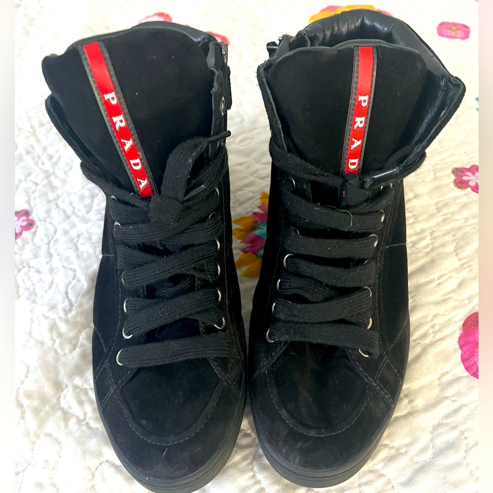 PRADA Women's Black Suede High Top Sneakers Size 37 Prada Size EUC
